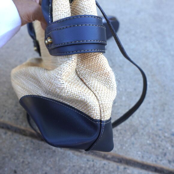 Vintage Etienne Aigner Raffia Straw Bag Black Leather Trim Crossbody Handbag - Picture 7 of 10